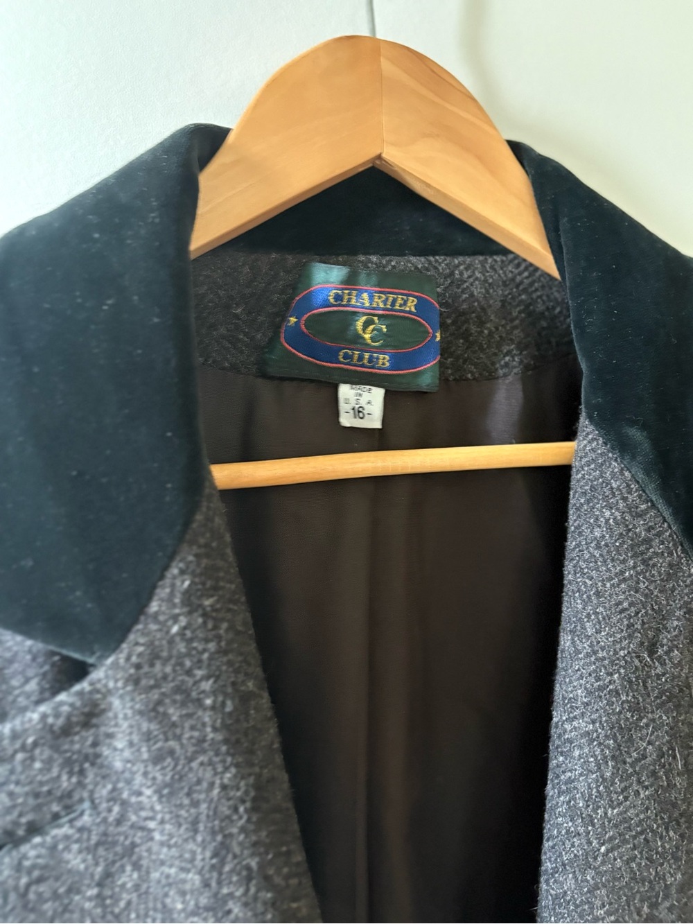 Charter Club Gray Wool-Blend Coat with Black Velvet Collar